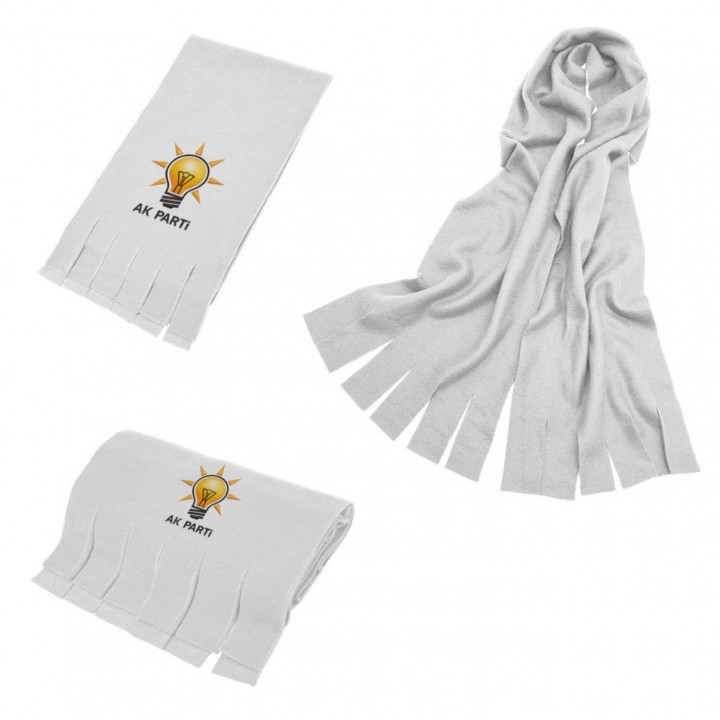 AK Parti Logolu Beyaz Polar Atkı 23x143 cm Püsküllü Promosyon Model